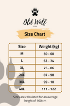 Size chart for Old Wolf store with size categories and weight ranges.
